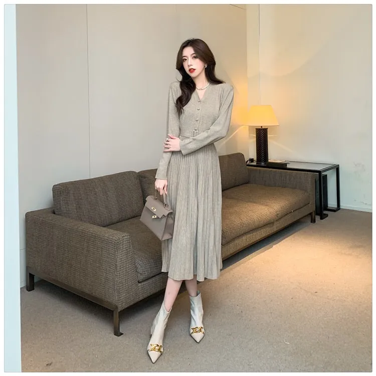 Women's Winter Elastic Knitted V-Neck Pleated A-line Slim Dresses