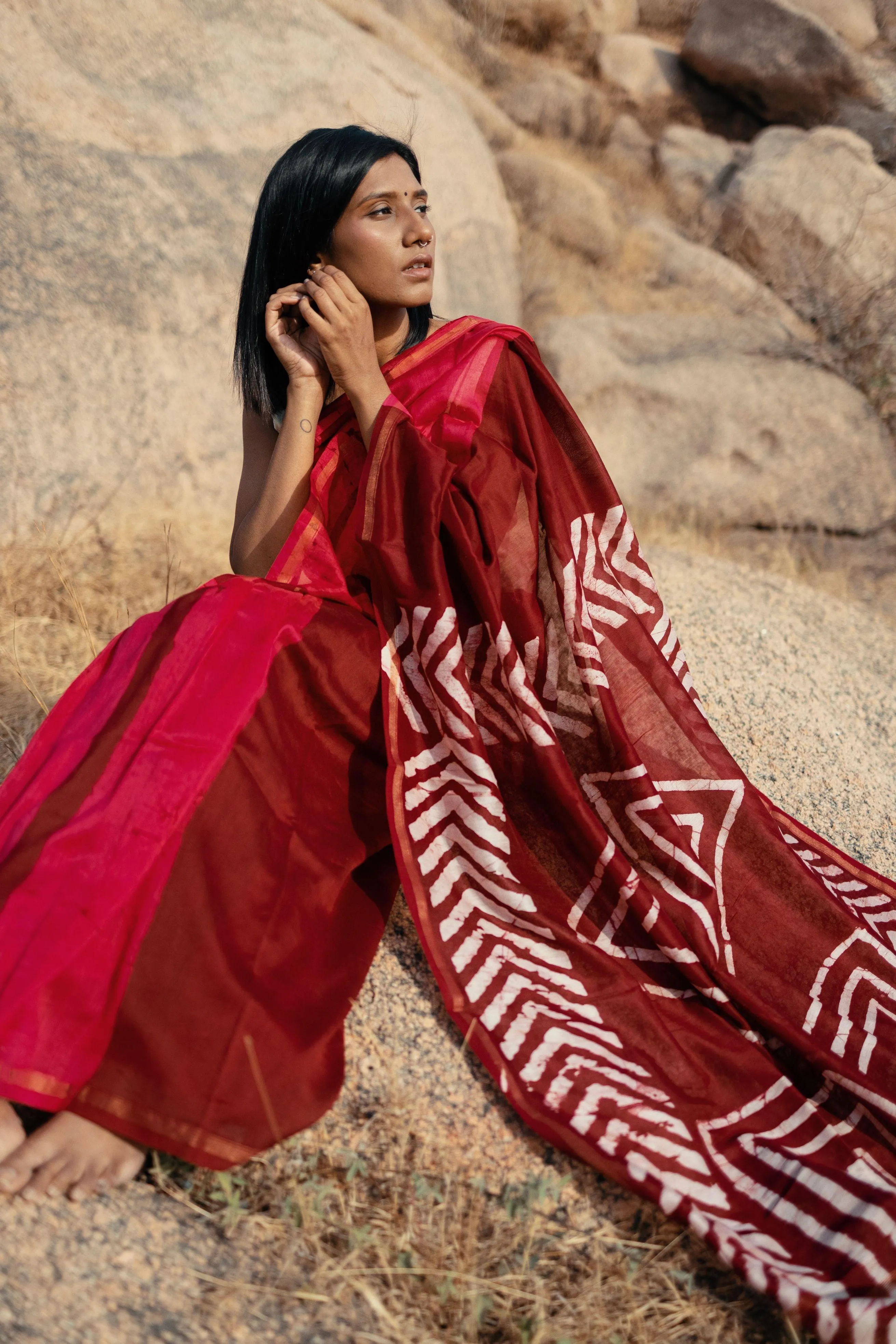 Zahra Bagru Batik dyed Red Silk cotton Saree